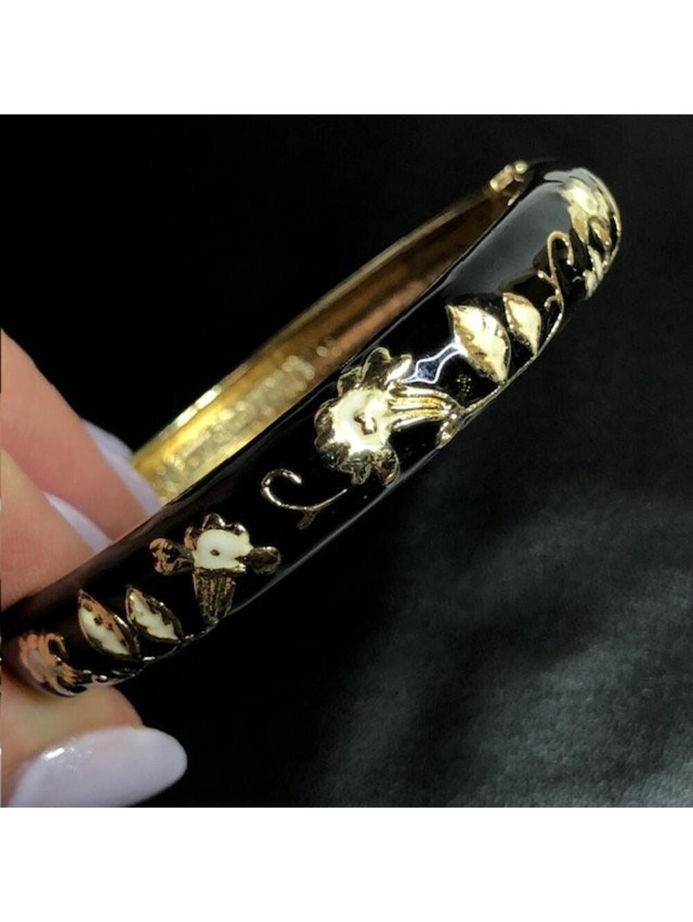 B1303 Jiu Long Xing VTG Enamel Black Cloissonet Clamper Bracelet 7.2"